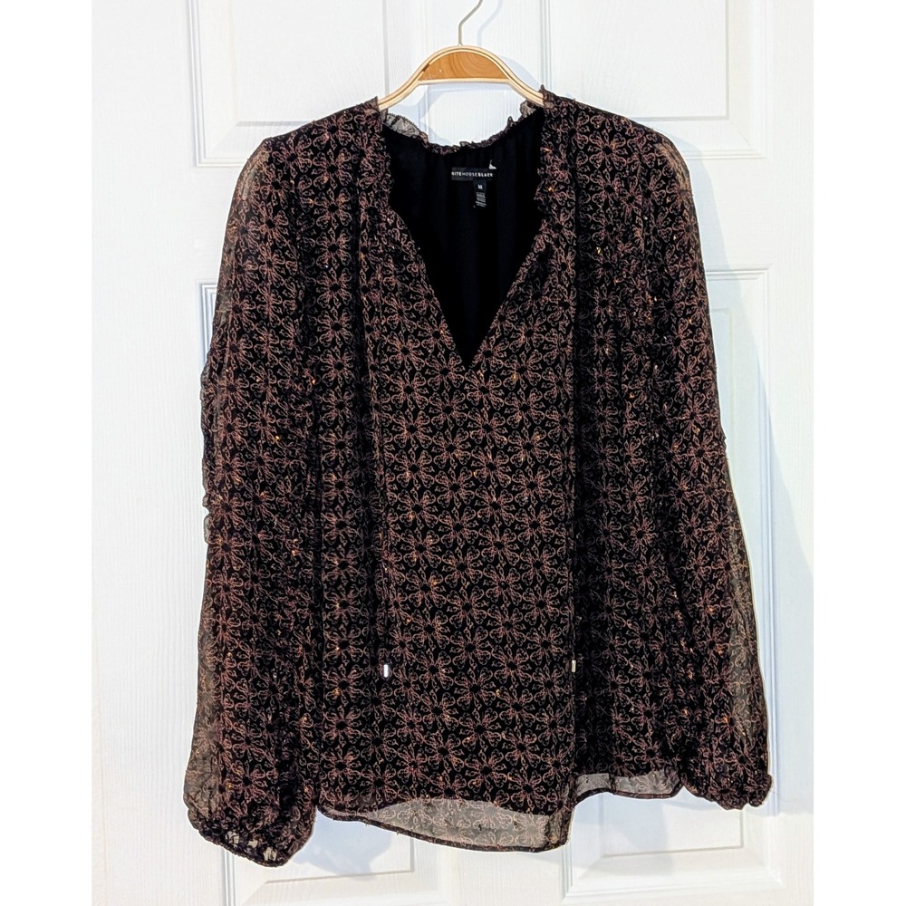 White House Black Market Sheer Lined Blouse Floral Print Long Sleeve Top M